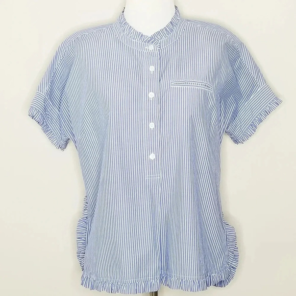 J. Crew Blue & White Pinstripe Ruffle Blouse 0 - Picture 1 of 7